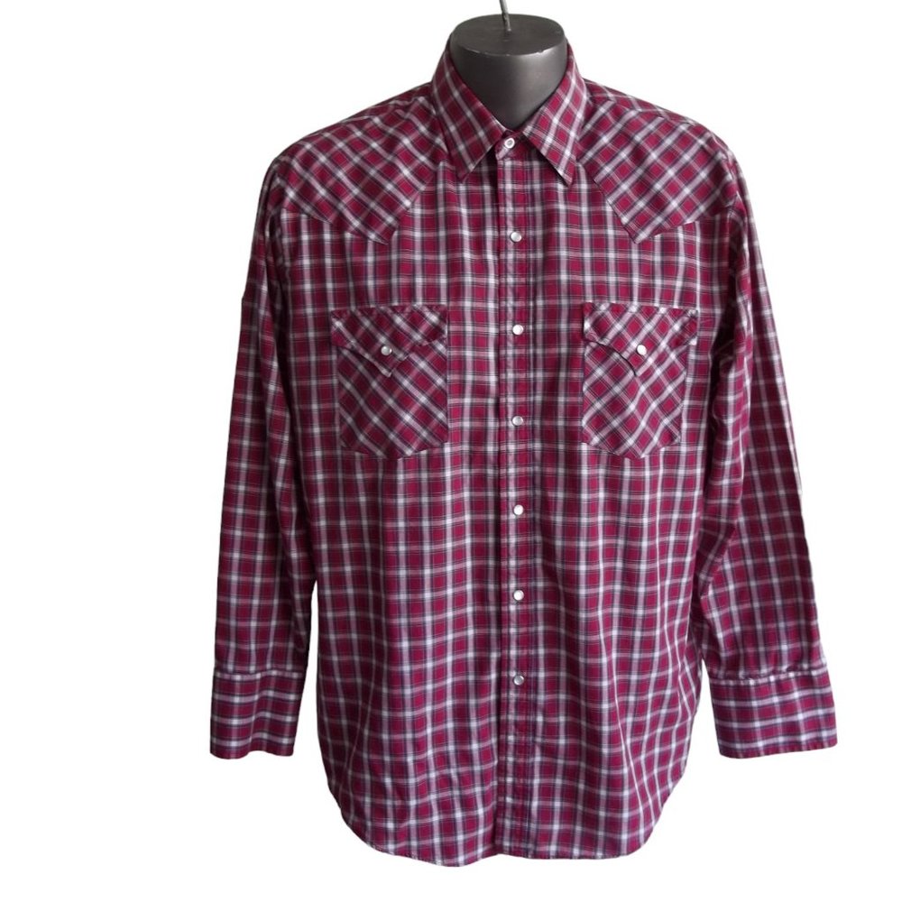 Vintage PLAINS Rockabilly Plaid Pearl Snap Long Sleeve Western Cowboy Shirt Sz L